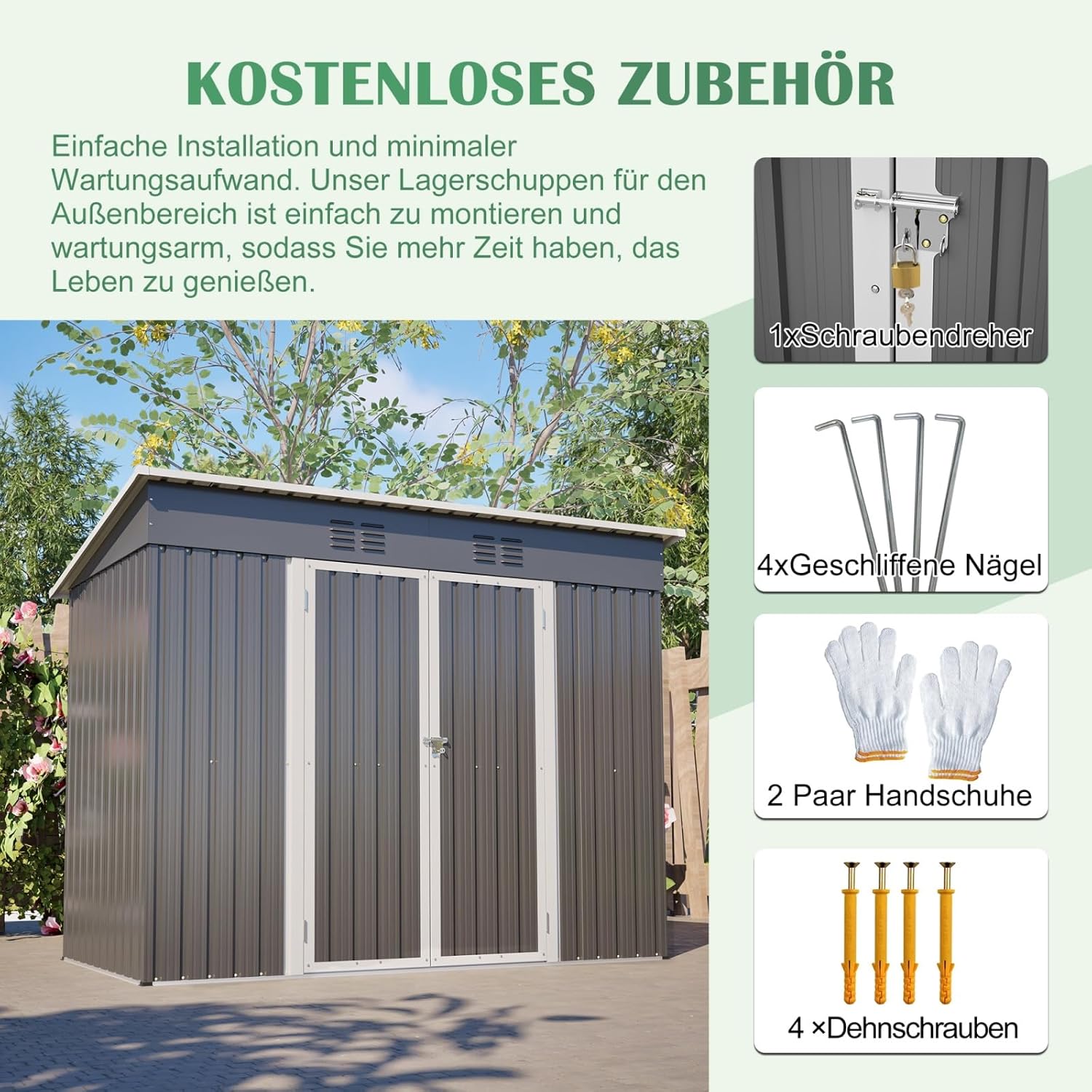 Abri de Jardin Métal Galvanisé avec Fondation, Cabane de Jardin Extérieur Résistant aux Intempéries, Cabanon de Rangement Spacieux, Toit Incliné Anti-Pluie, Marron (8x4 FT- 2)