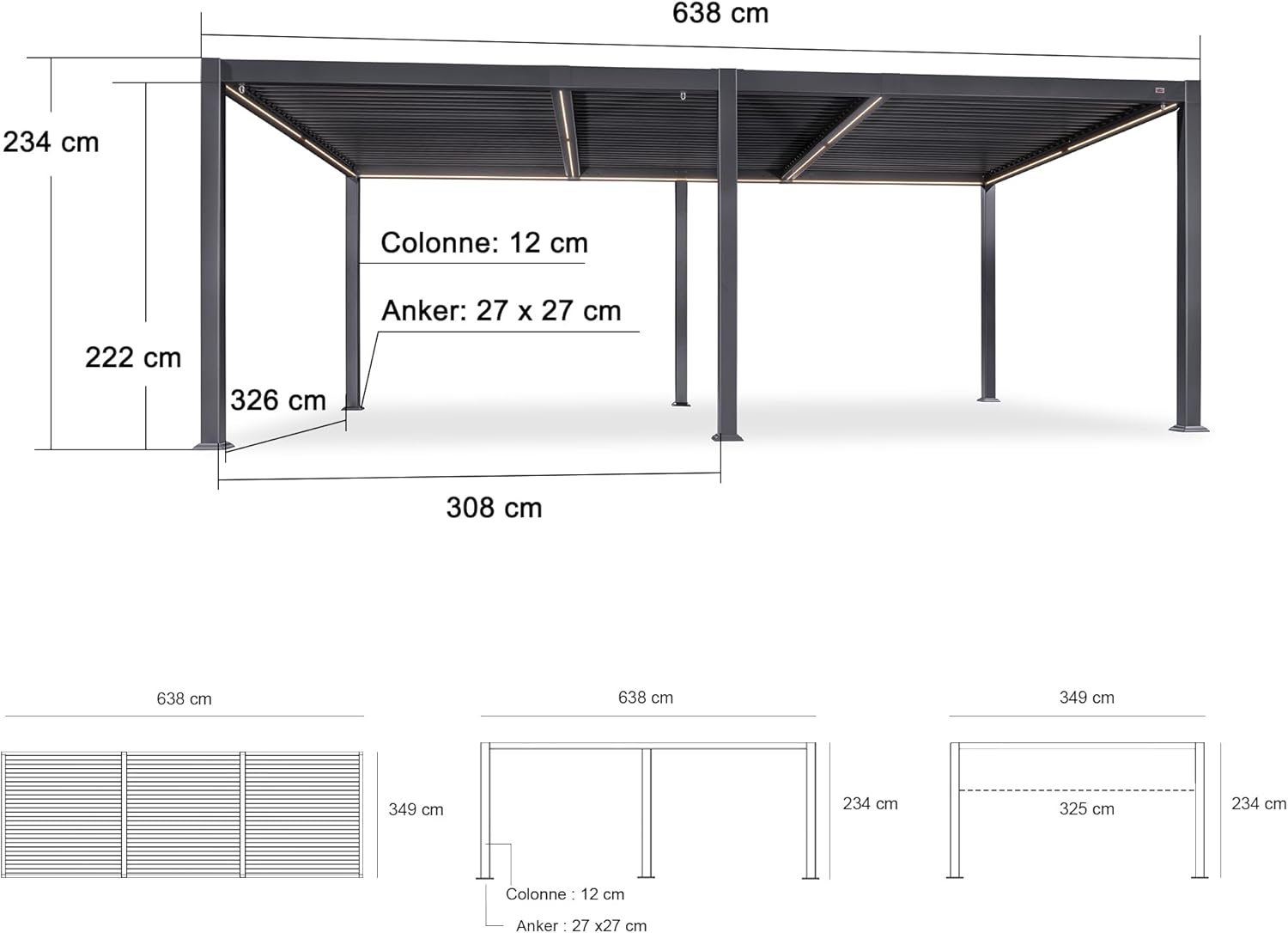 jardinito - pergola bioclimatique - 3,5x6,35m - lames LED alu gris