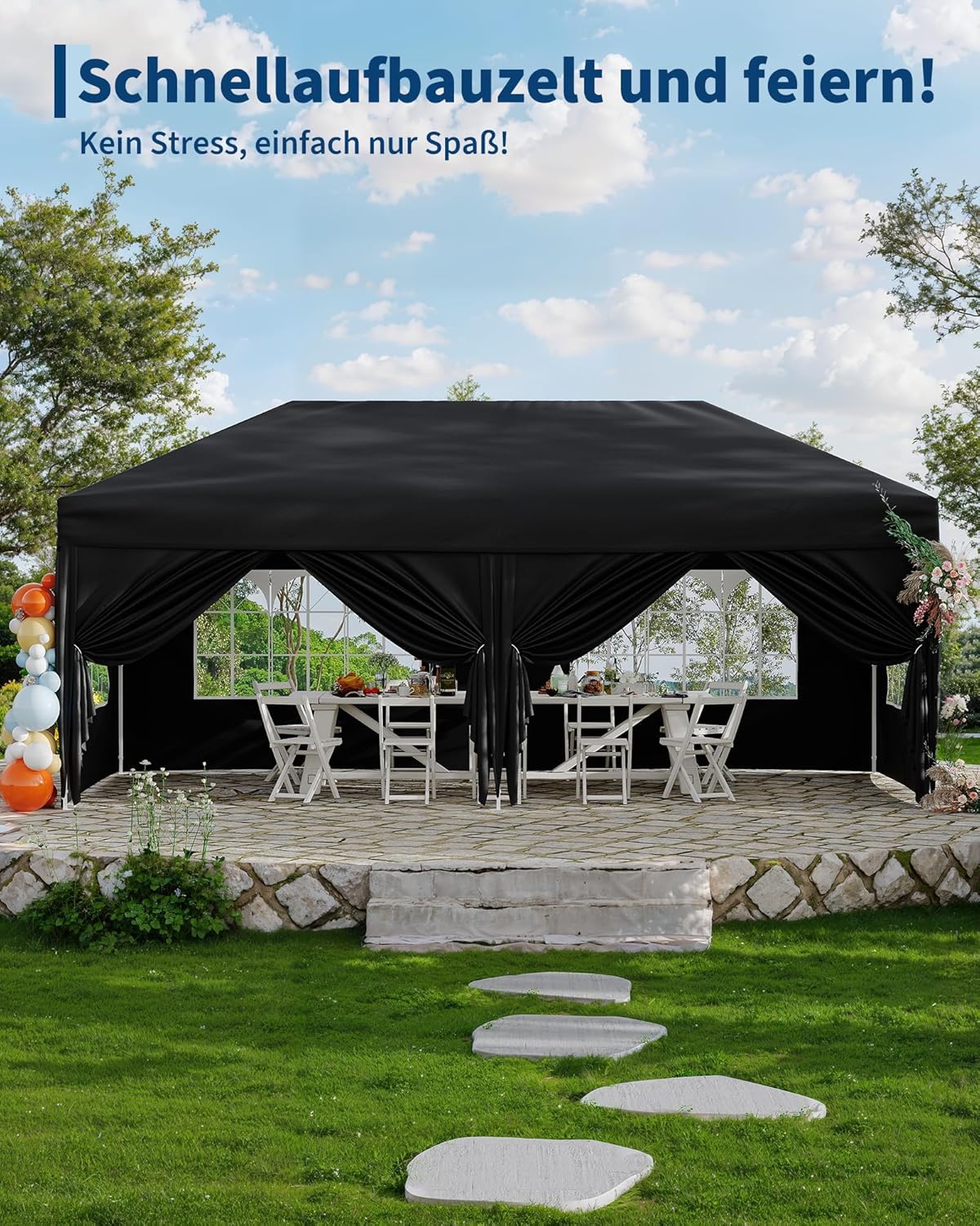 Gravee - tonnelle pliante série avec parois, 3x6m, imperméable, anti-UV