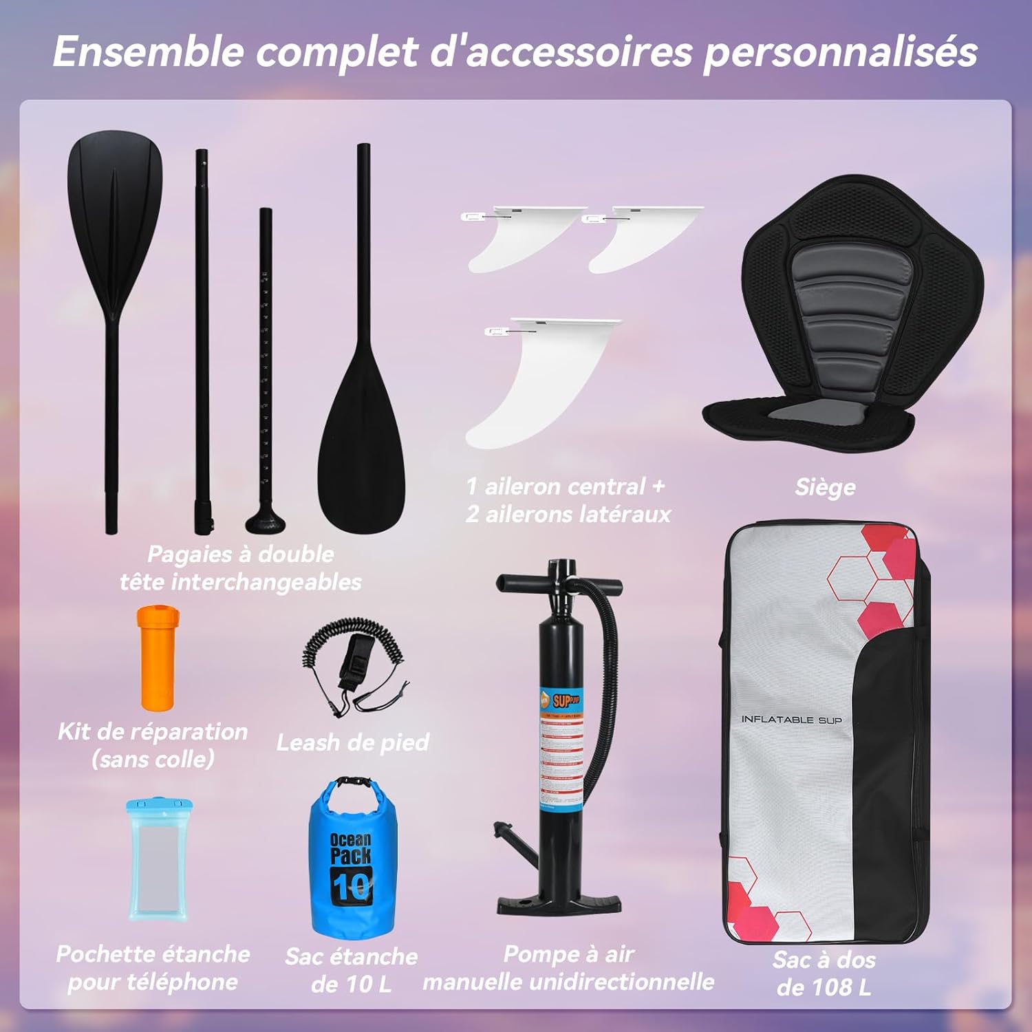 jardinito - Paddle Gonflable Série Adulte - 320/335cm - 2 places, siège kayak, pagaie alu, support caméra, pompe, 150kg