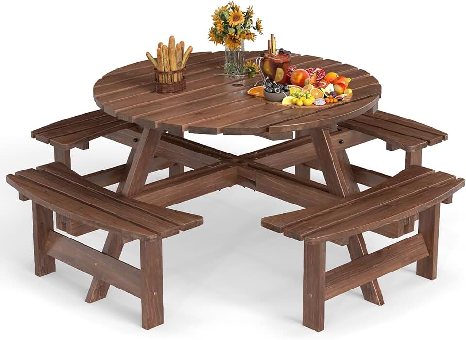 jardinito - Table pique-nique ronde 8 places - 4 bancs intégrés, parasol 5cm, marron, 100+250kg