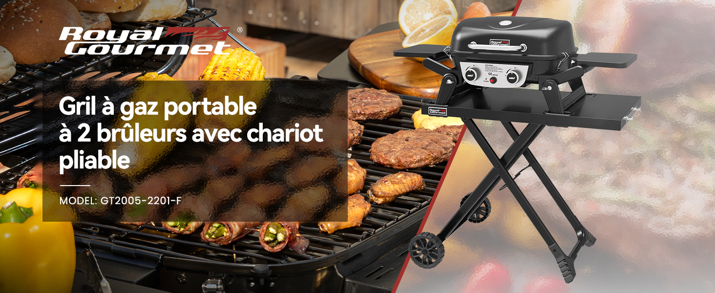 avec deux brûleurs sur chariot pliable. Construction en métal noir avec étagères latérales. Faire griller des hamburgers et du maïs, modèle ST2005-290-F