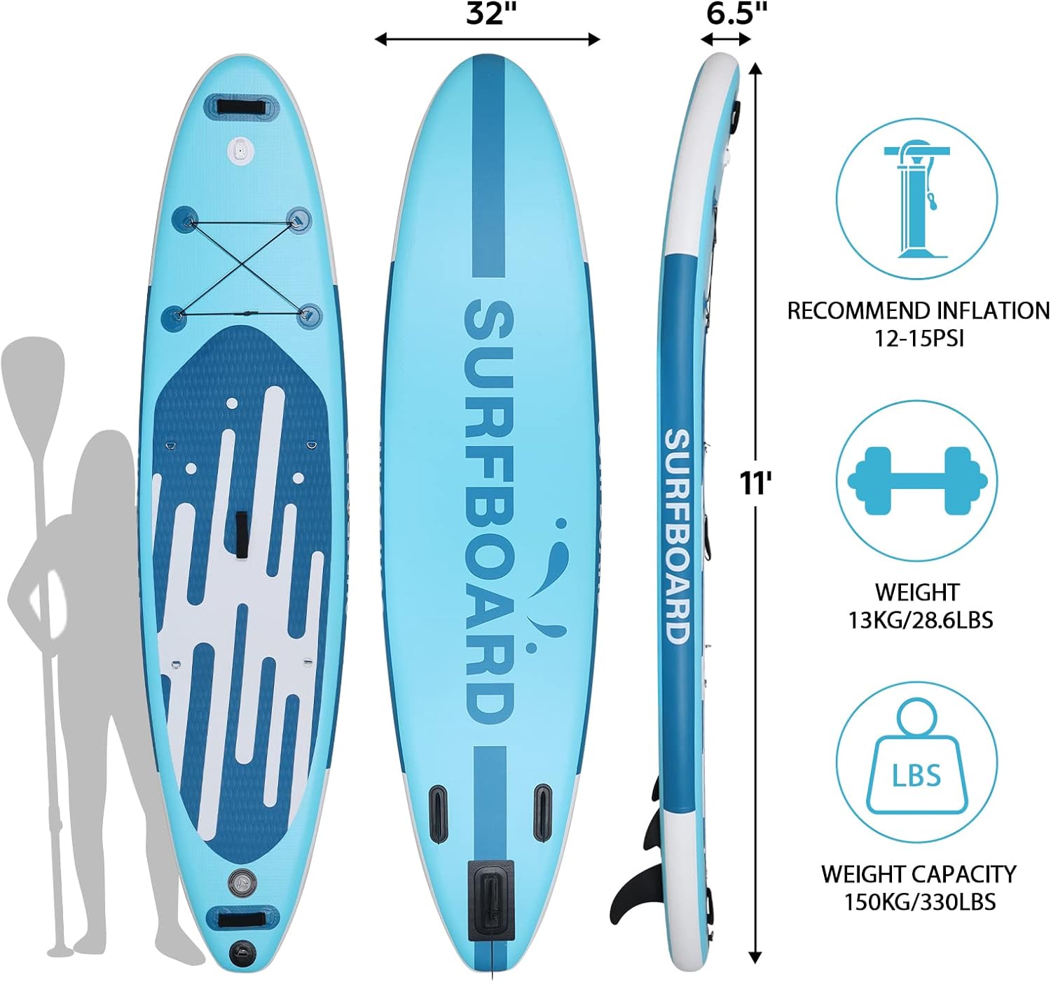 jardinito - Paddle gonflable adulte - 320/335cm - 2 places, siège kayak, pagaie alu, support caméra, jusqu'à 150kg