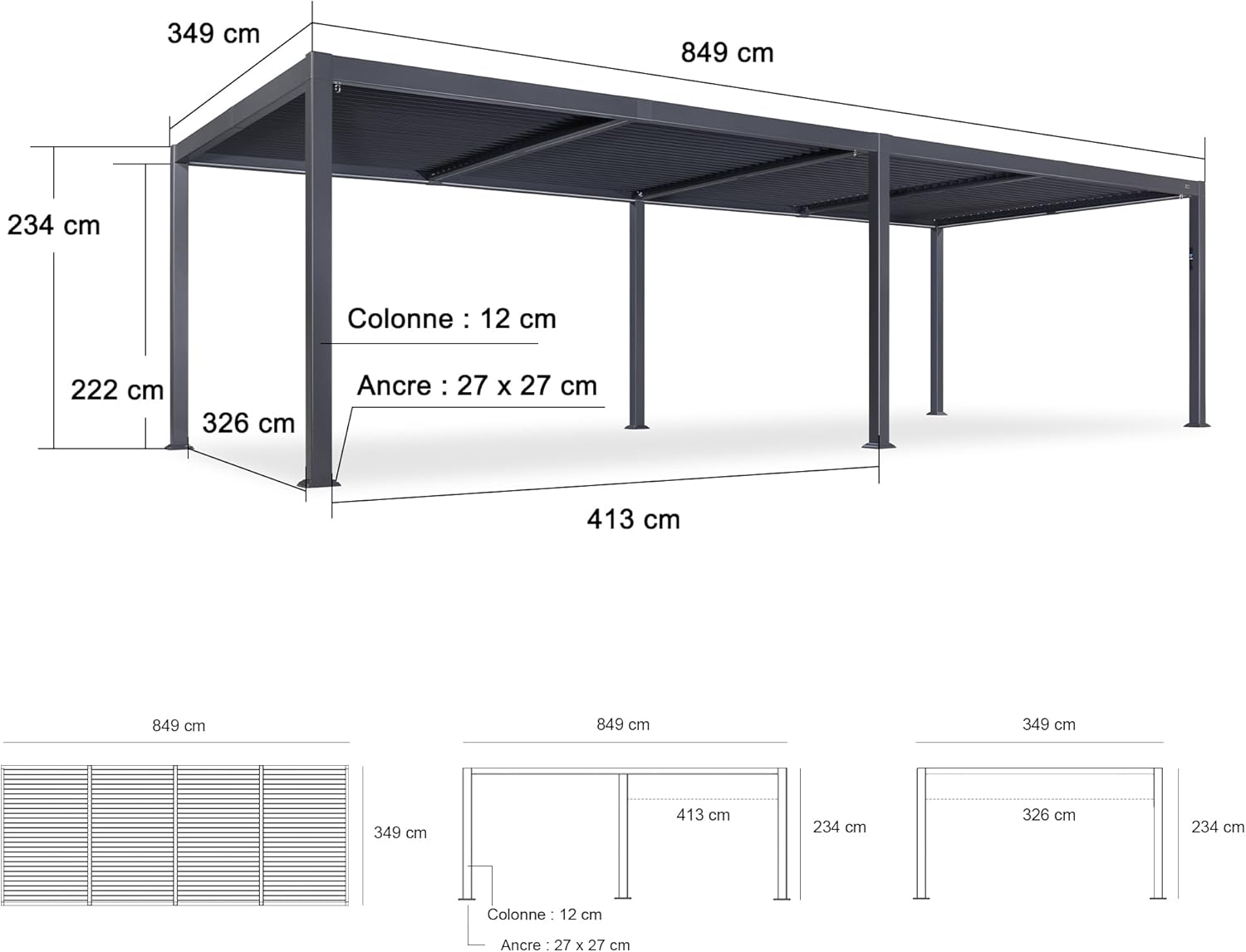 jardinito - Pergola bioclimatique - 3,5x8,5m - aluminium, lames LED, étanche