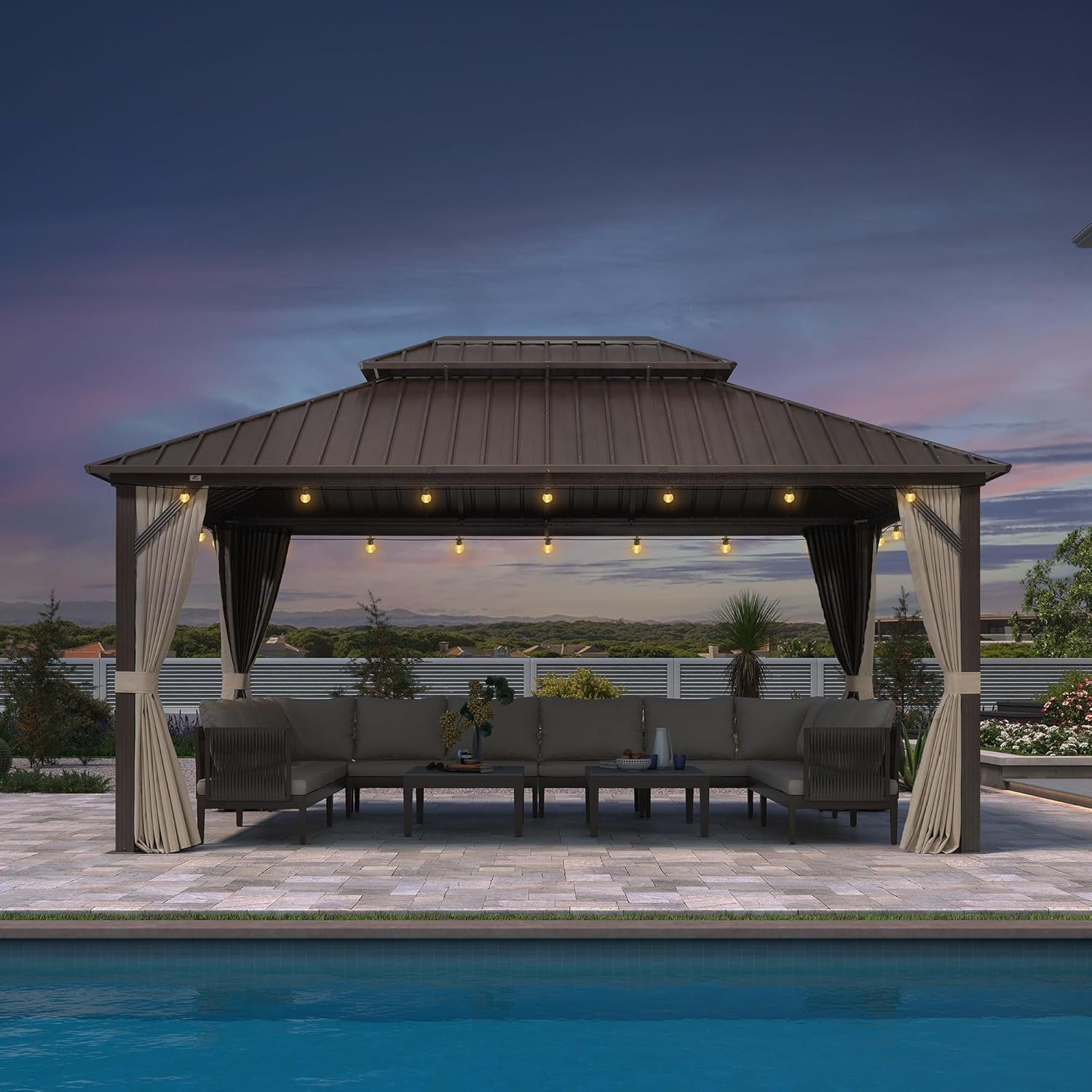 jardinito - Pergola Toit Rigide - 4,85x3,65m - Aluminium, Rideaux, Guirlande