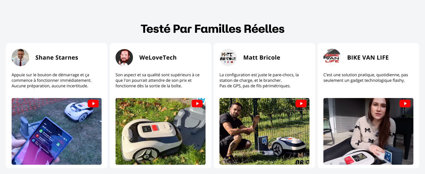 Le texte indique « Testé par Familles Réelles ». Grille de type réseau social présentant quatre images de profil accompagnées de photos d'évaluation du produit sous chaque profil.