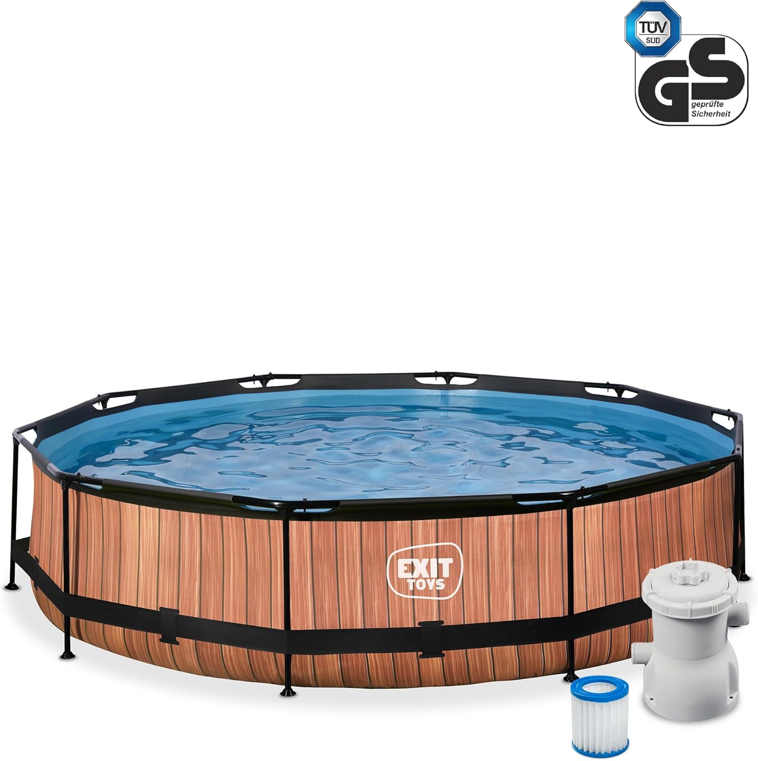 jardinito Piscine Tubulaire Wood - ø360x76cm - Piscine Hors Sol Ronde Grande avec Pompe Filtrante à Cartouche - Entrée Basse - Idéal pour Les Jeunes Enfants - Cadre Stable - Design Unique - Marron