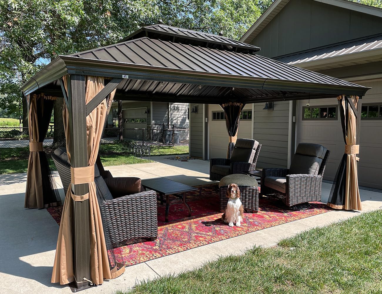 jardinito - Tonnelle aluminium série éclairée - 4,85x3,65 m - gouttière, rideaux moustiquaires, poteaux renforcés, bro