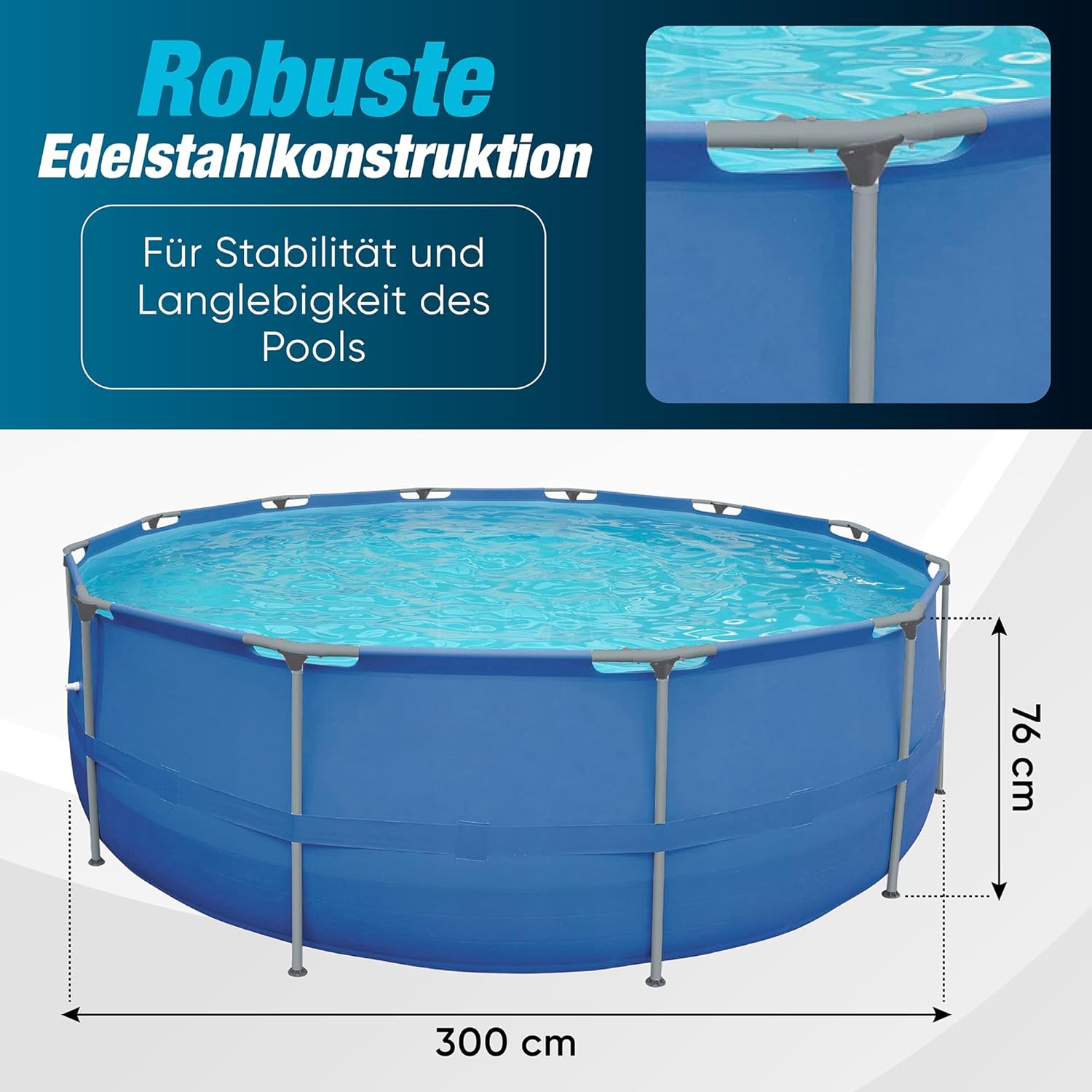 Piscine de jardin acier rond 300x76 cm, kit filtration complet