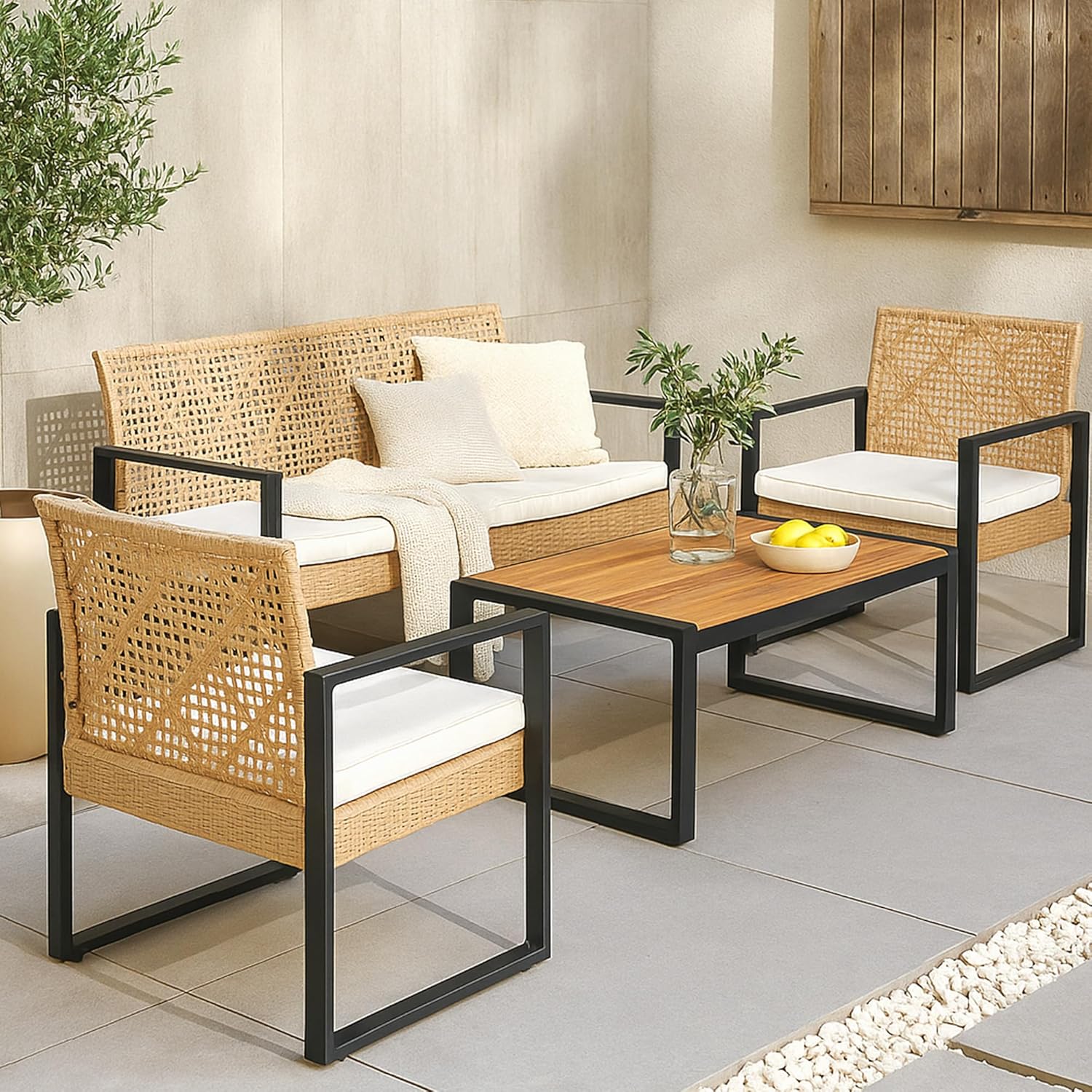 jardinito - Salon de jardin 4 pièces, acier/acacia, 2 chaises + banc, beige/naturel