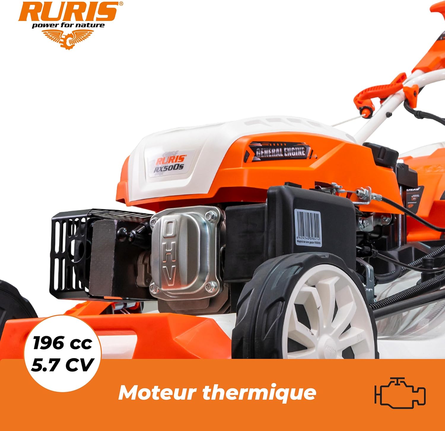 jardinito Tondeuse à Gazon Thermique 5 en 1 Mulching 5,7 CV 196cc RX500S, Orange