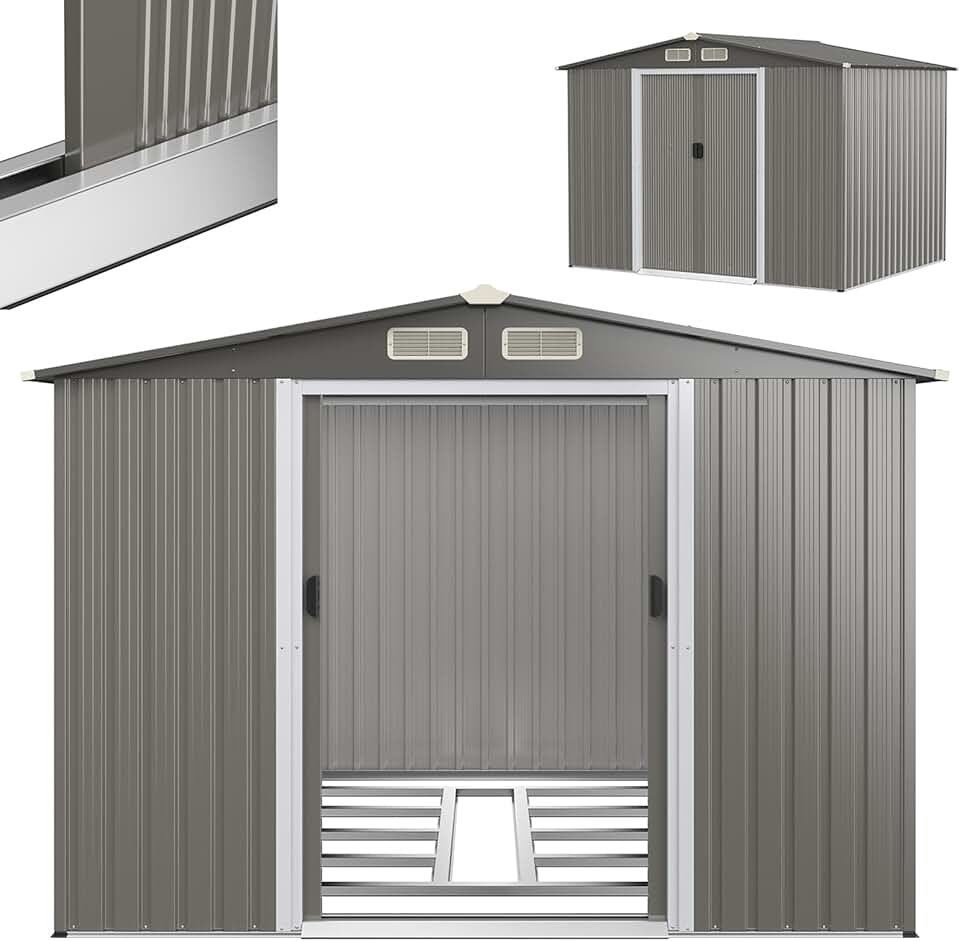 jardinito Abri de Jardin en Tôle d’Acier Galvanisée avec Fondation et Double Porte Coulissante, Cabane à Outils avec Toit en Appentis et Volets 260X206,5 X 108 CM (Toit Gris foncé)