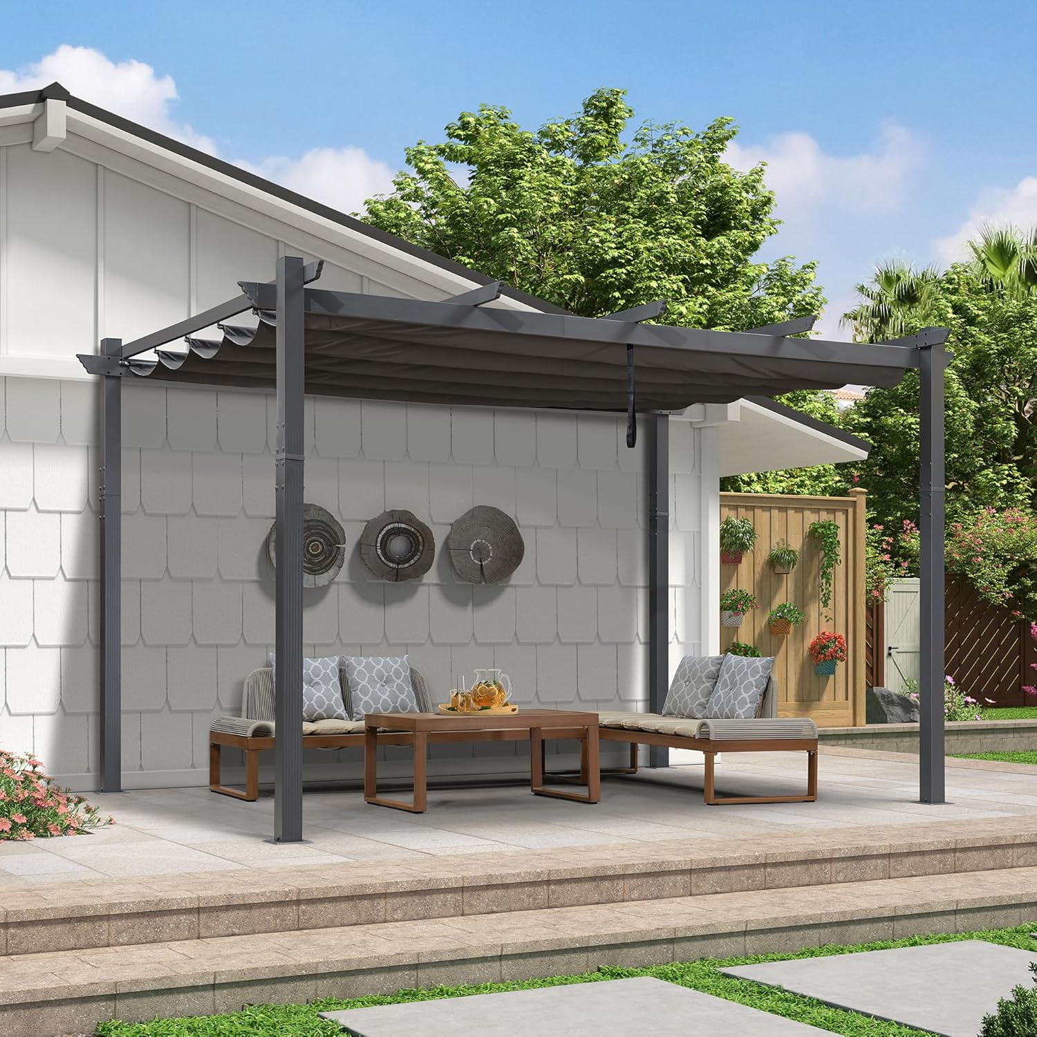 jardinito - Pergola murale série aluminium 4x2,7m toit coulissant, tissu teint, gris