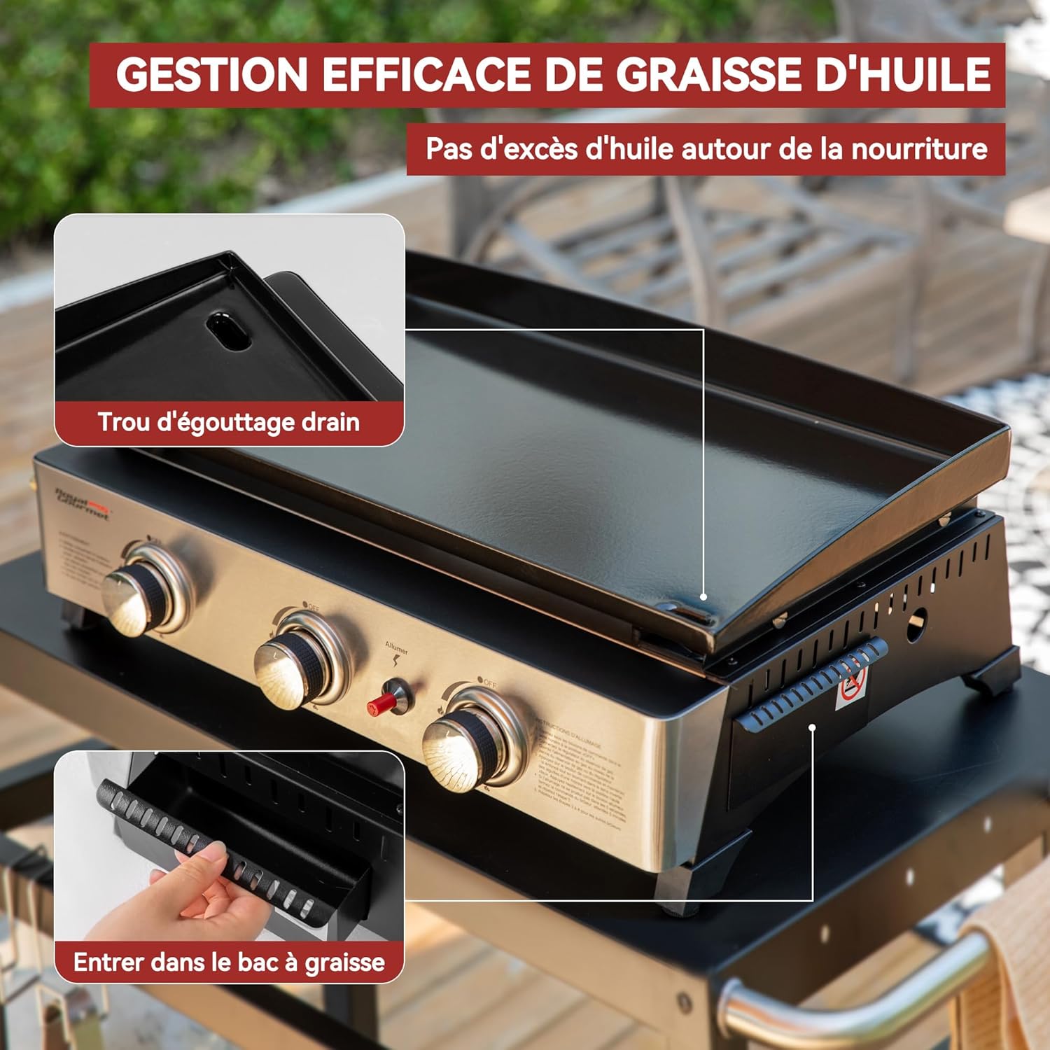jardinito - Plancha Gaz 3 brûleurs - 62x35,5 cm - acier émaillé, portable, 7.5kW
