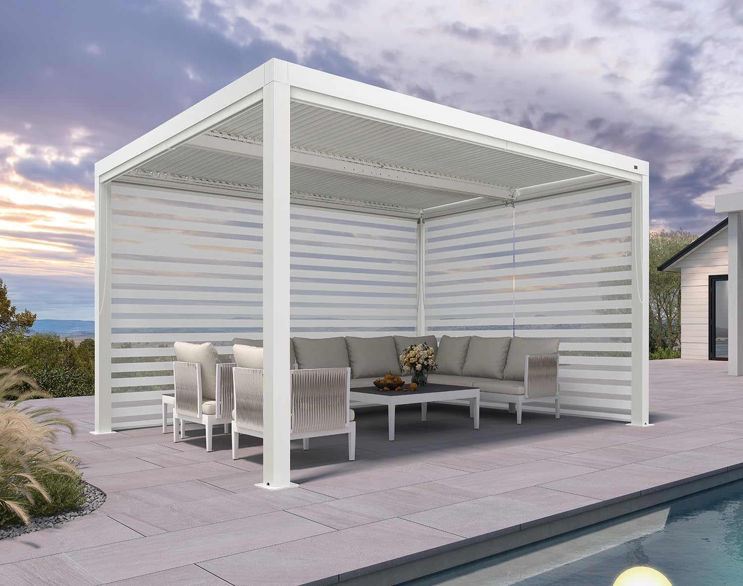 jardinito - pergola bioclimatique - 4,24x3m - aluminium, stores enrouleurs, lames orientables