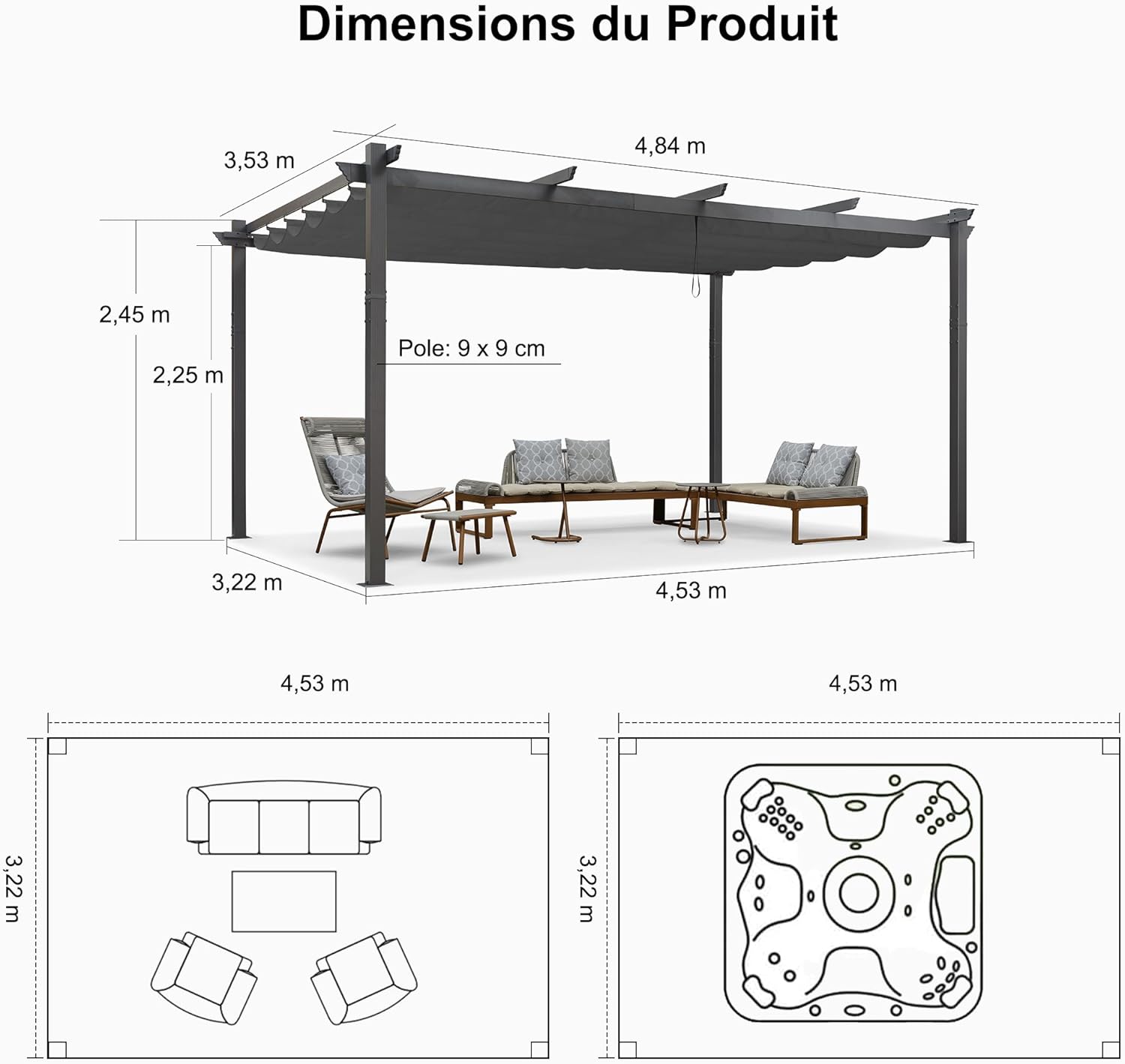 jardinito - Pergola aluminium - 4,8x3,5m - toit coulissant, tissu teint en fil, gris