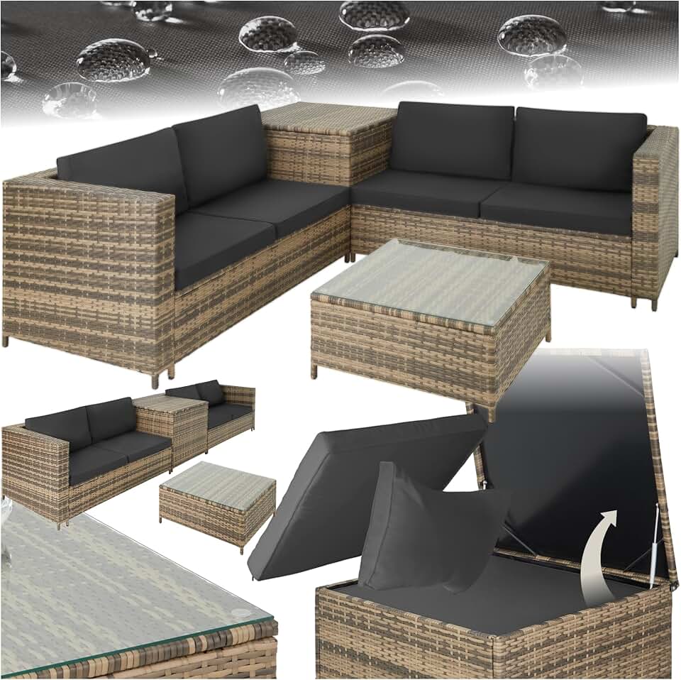 jardinito - Ensemble salon Poly Rotin 4 pers. modulable, coffre, verre