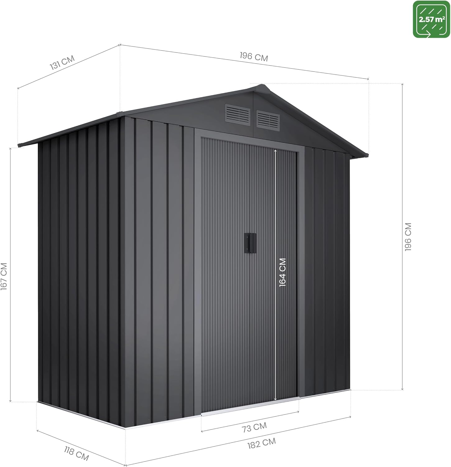 Abri de jardin métal - Light Anthracite - 196x131x196cm - double porte coulissante, 4 grilles, extérieur