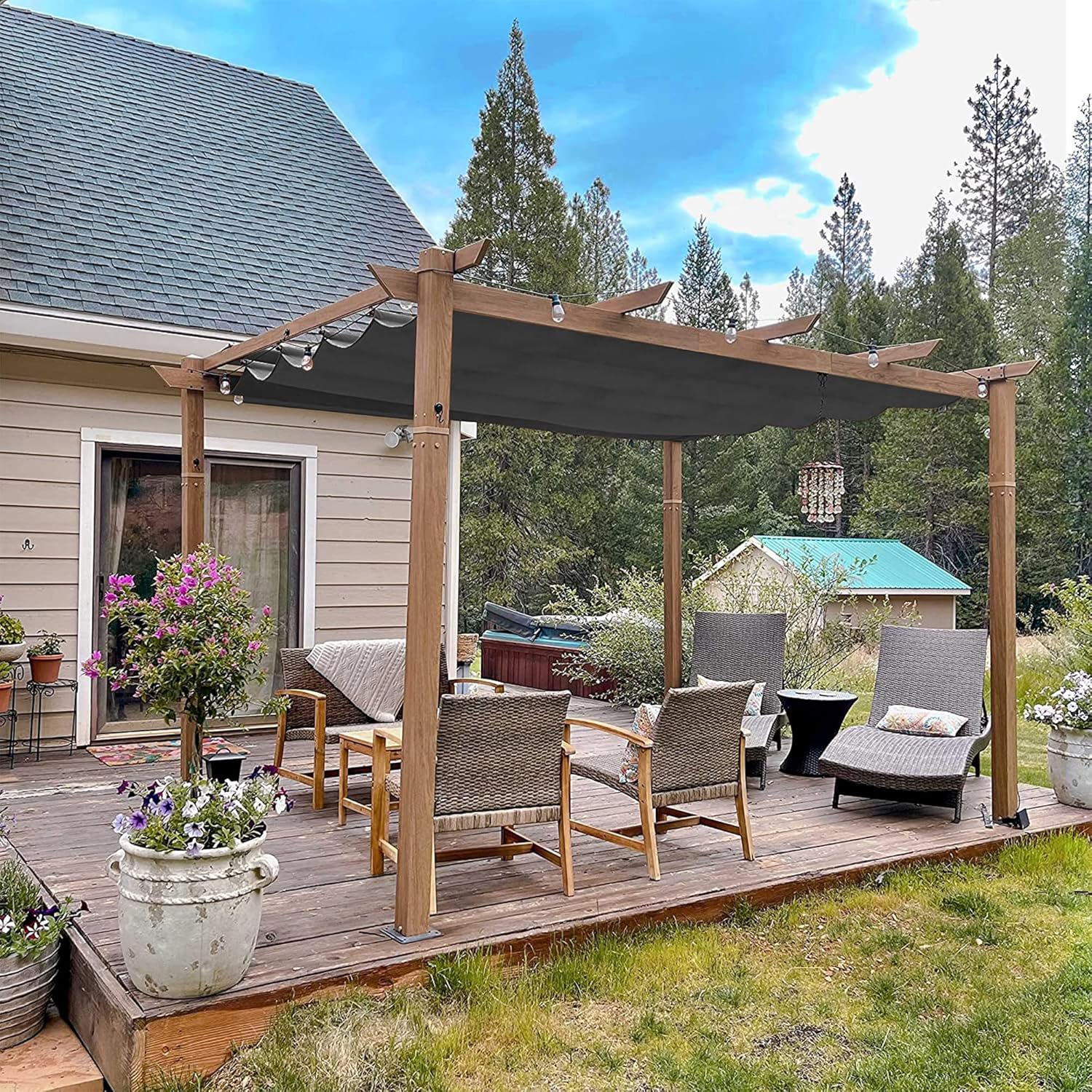 jardinito - Pergola aluminium - 4x3m - toile rétractable, teck, imperméable
