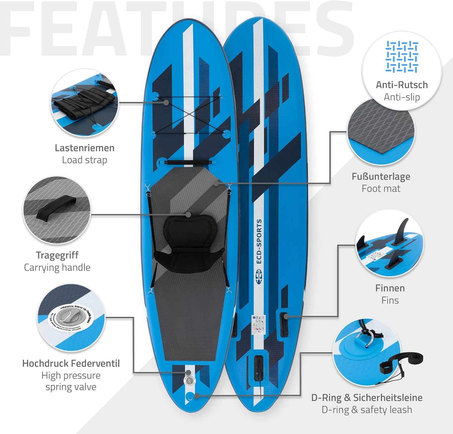 jardinito Stand Up Surf Paddle Board Gonflable 305/308/320/380 cm | PVC | jusqu'à 120/150 kg | Épaisseur 10/15 cm | Planche de Surf Pagaie Sac de Transport Pompe à Air | Diverses Couleurs Modèles