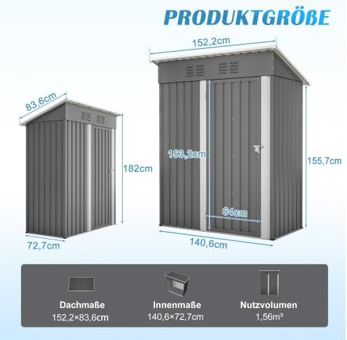Abri de jardin métal - toit plat - 152x84x182cm - porte verrouillable
