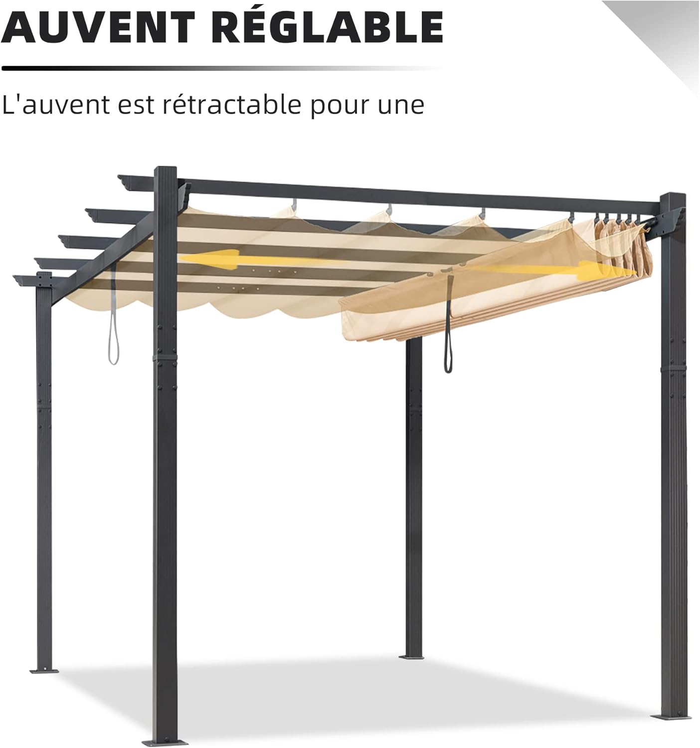 jardinito - Pergola aluminium LED, toit rétractable, 4x3m, kaki
