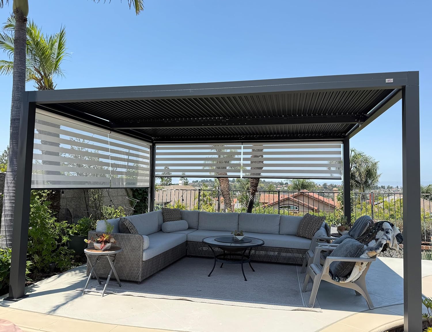 jardinito - Pergola bioclimatique - 4,8x3 m - stores enrouleurs, lames orientables, gris