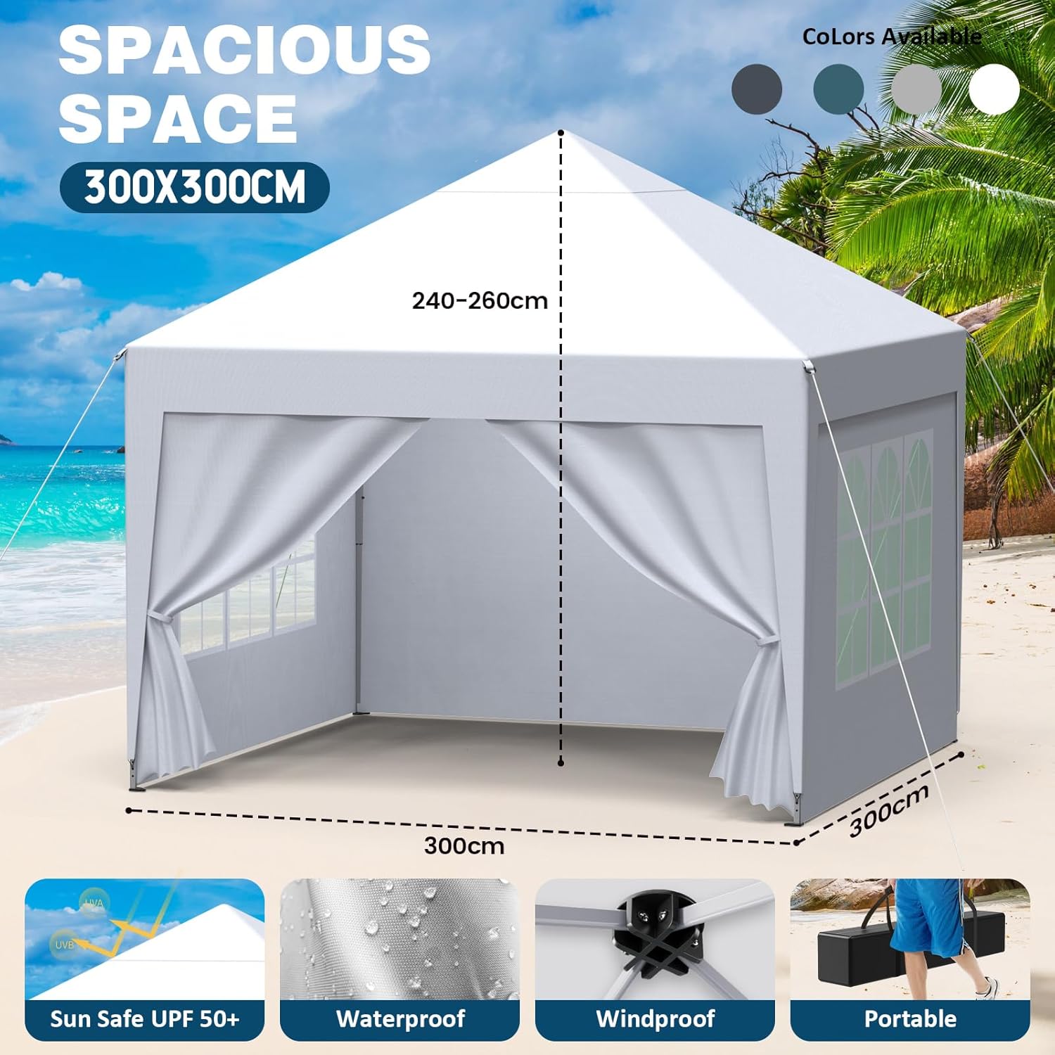 Tonnelle de Jardin - pliante 3x3m - 4 côtés, réglable, imperméable, anti-UV