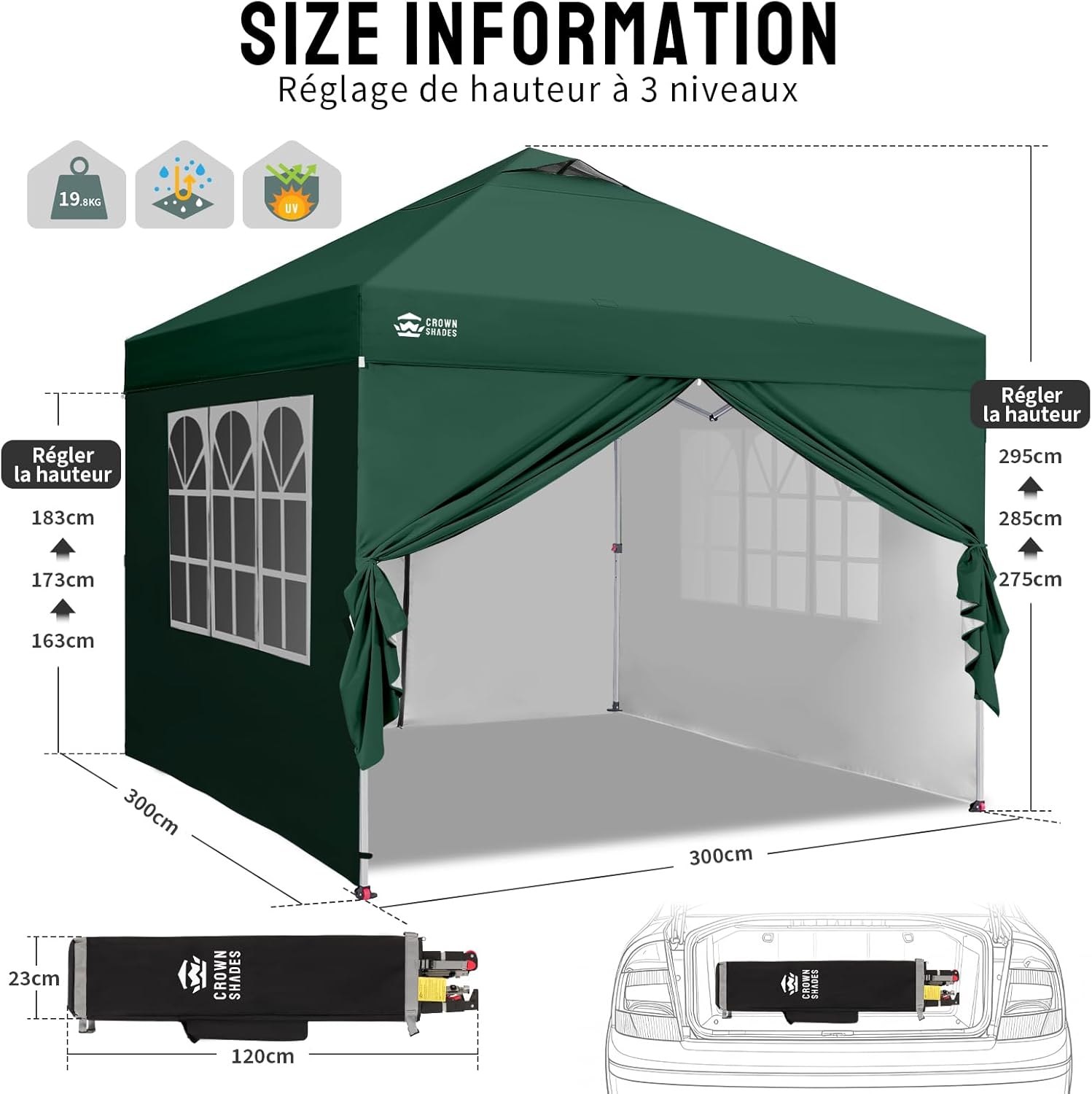 jardinito Tonnelle Pliante 3x3 Imperméable, Barnum Pliant de Jardin Exterieur, Pop-Up Gazebo avec Sac de Rangement, UPF 50+, avec 4 Parois Latérales Amovible, 4 Sac de Sable, Vert Forêt
