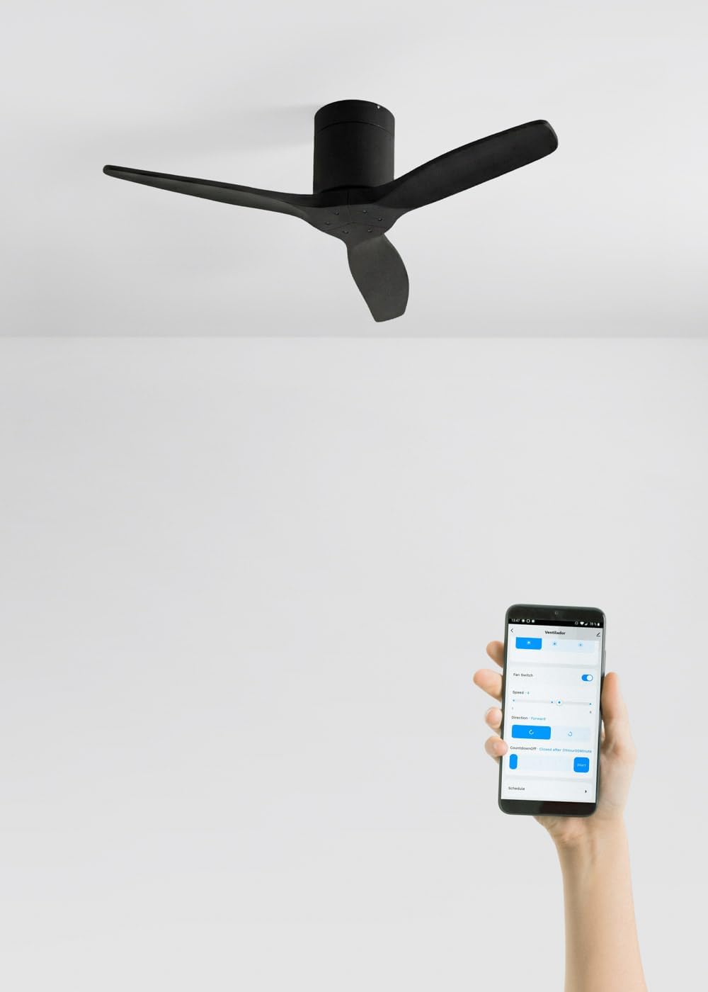 CREATE WINDCALM S Ventilateur de plafond ABS noir avec Wi-Fi et télécommande, 40 W, silencieux, Ø112 cm, 6 vitesses, minuteur, fonction été/hiver