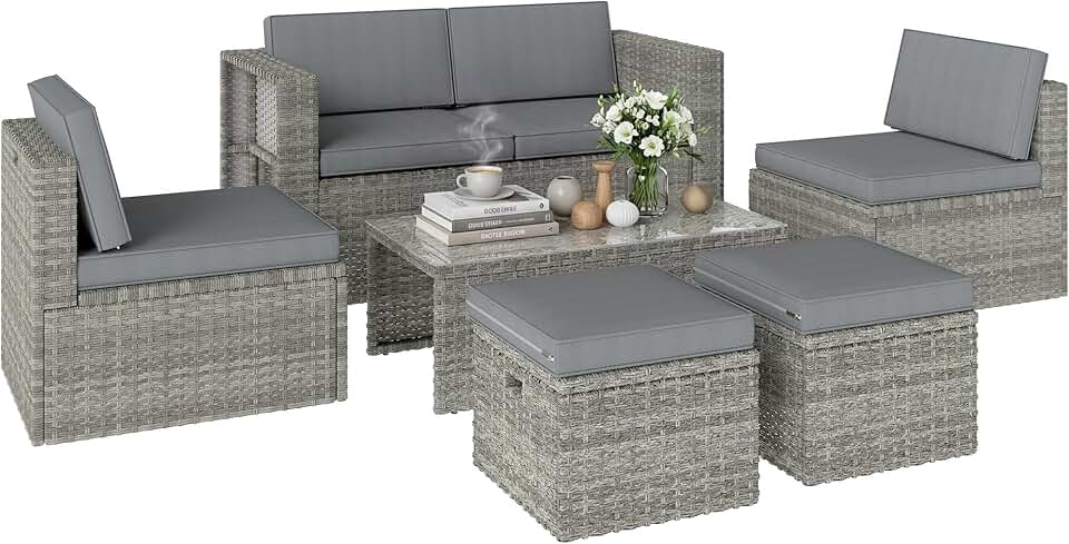jardinito - salon de jardin 6 pièces - canapé, fauteuils, table, gain de place, résine tressée, gris