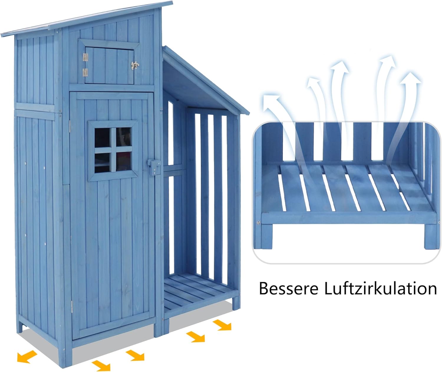 Abri de jardin bois - cabane selle PVC - 124x46x174cm - fondation, 2 étagères, armoire outils - bleu