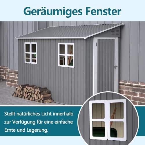 Abri en métal de 4 x 10 pieds avec kit de sol, toit en appentis avec double porte et 2 fenêtres, abri stable pour jardin, terrasse, cour, environ 1,2 x 3 m, gris