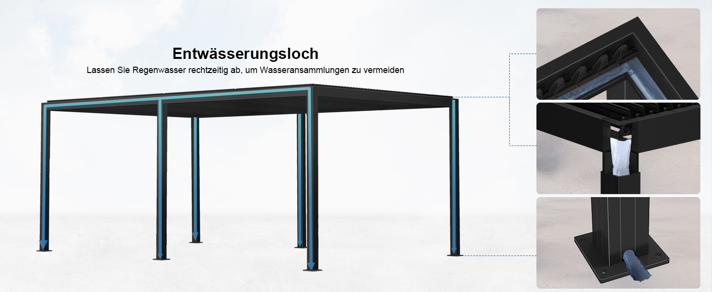 Structure de pergola extérieure moderne avec cadre en métal noir, présentée sous plusieurs angles, y compris la vue principale et des photos détaillées des raccords d'angle.