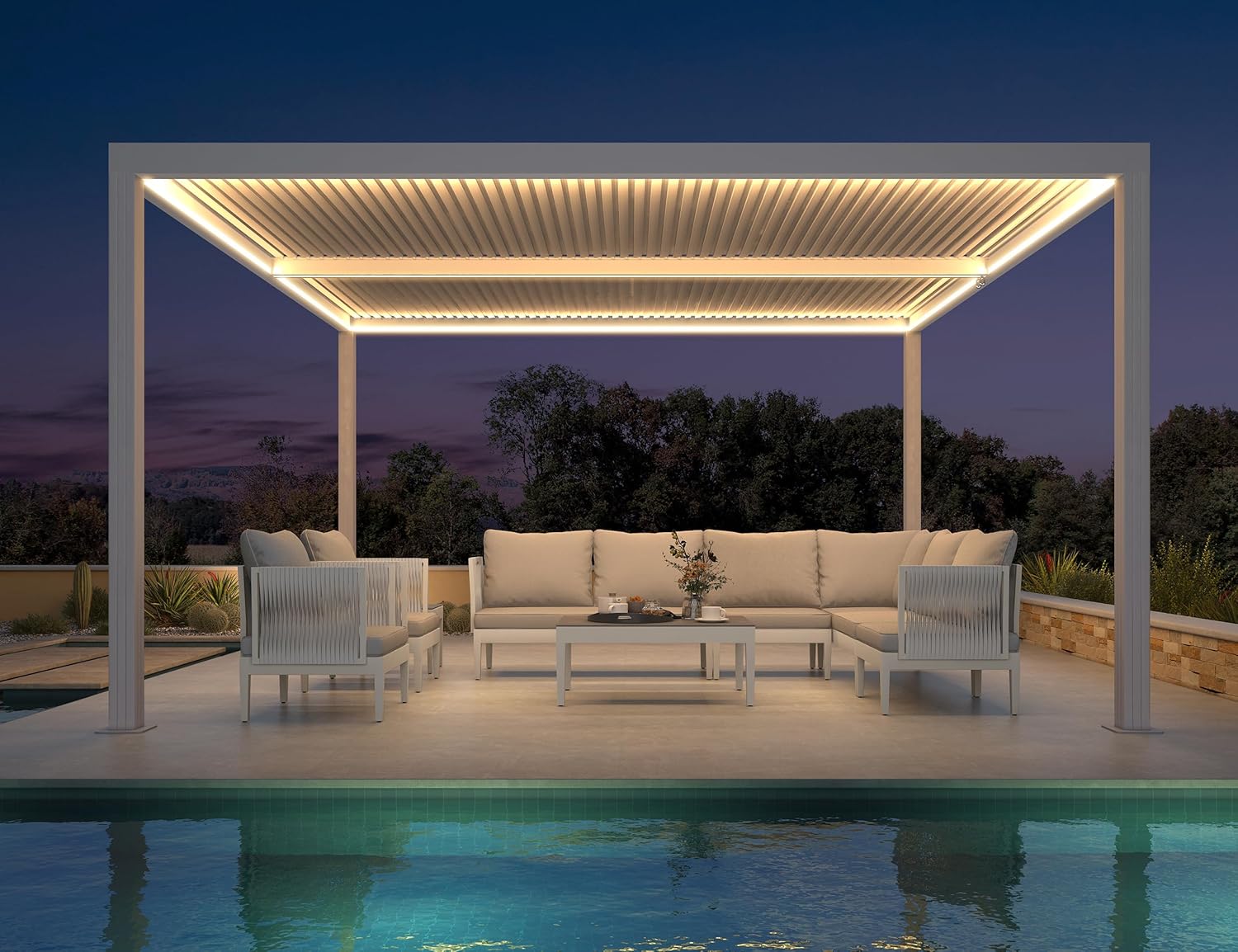 jardinito - Pergola bioclimatique 4,24x3m - alu, LED, gouttières, blanc