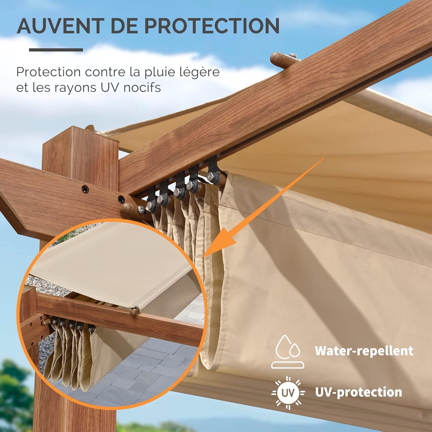 jardinito - Pergola aluminium 4x3m, toit rétractable, éclairage intégré, finition teck, kaki
