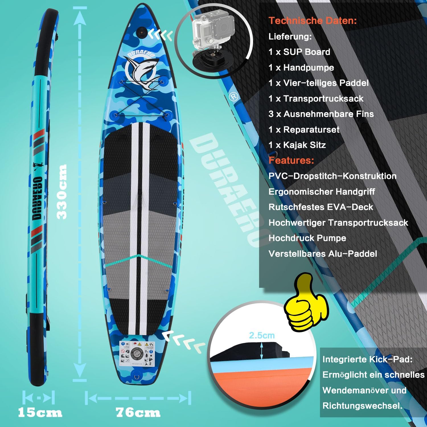Siège de Kayak Gonflable Stand Up Paddle et Support de caméra, pagaie 2 en 1 330x76x15cm, Pompe jusqu'à 150kg avec Sangle de Pied, Sac à Dos