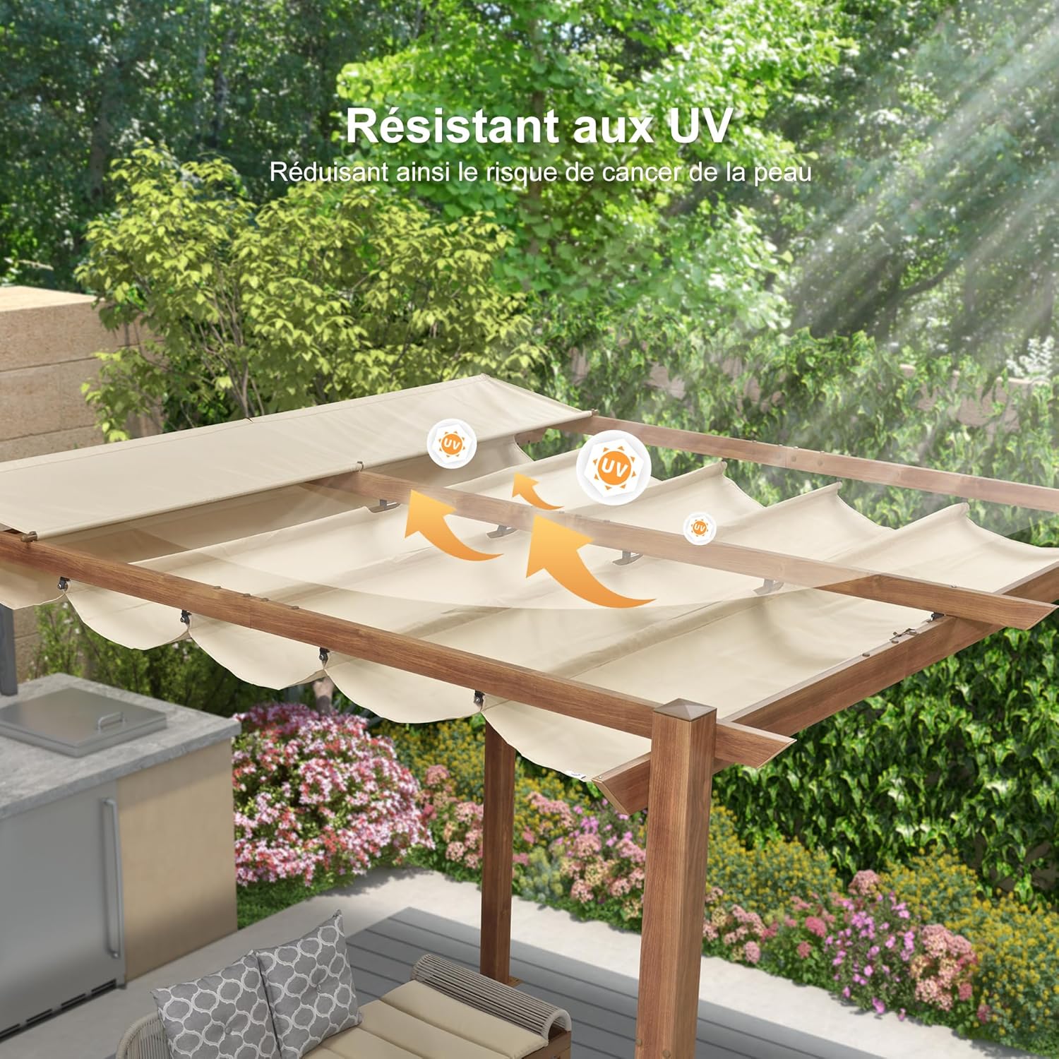 jardinito - pergola aluminium - 3x3m - teck, toile rétractable, kaki