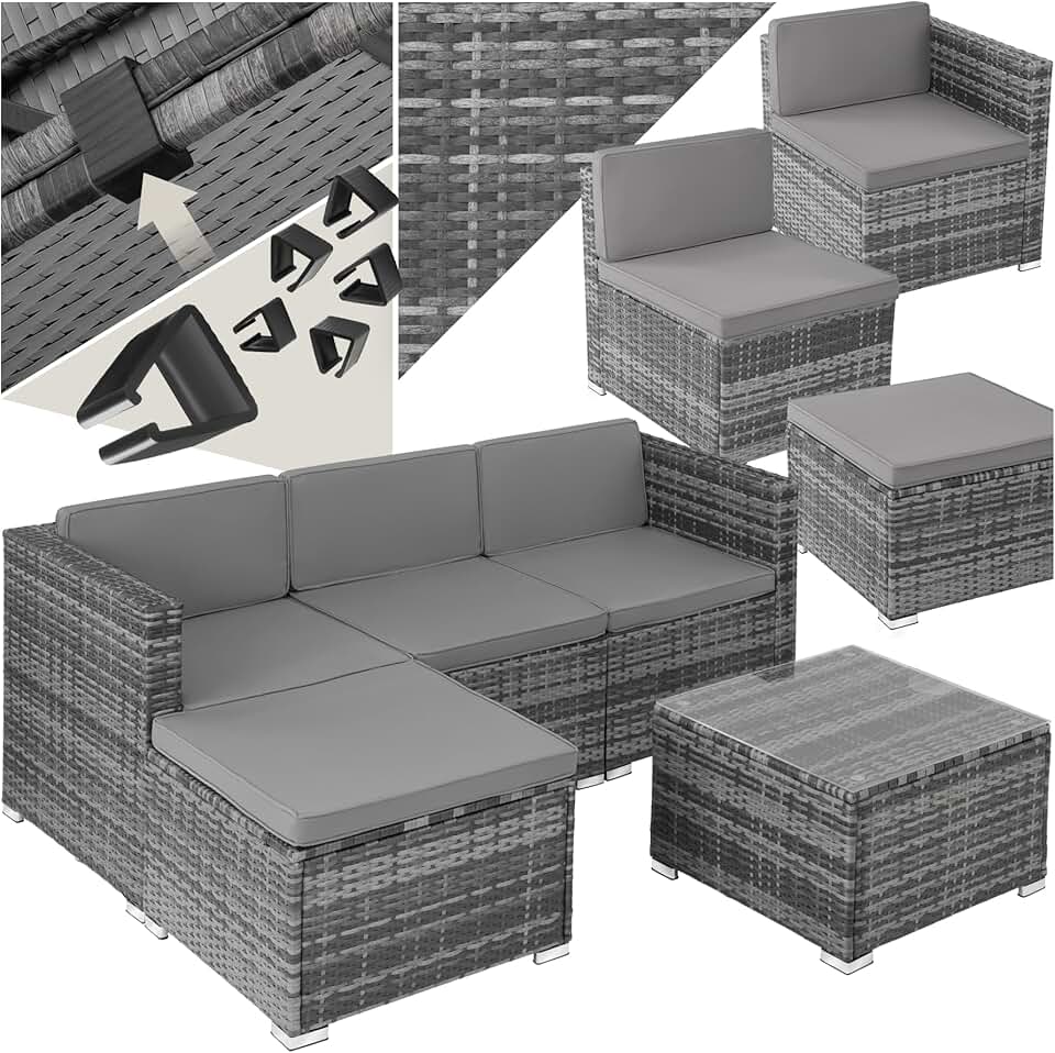 jardinito - Salon de jardin modulable 4 places, poly rotin, table et poufs