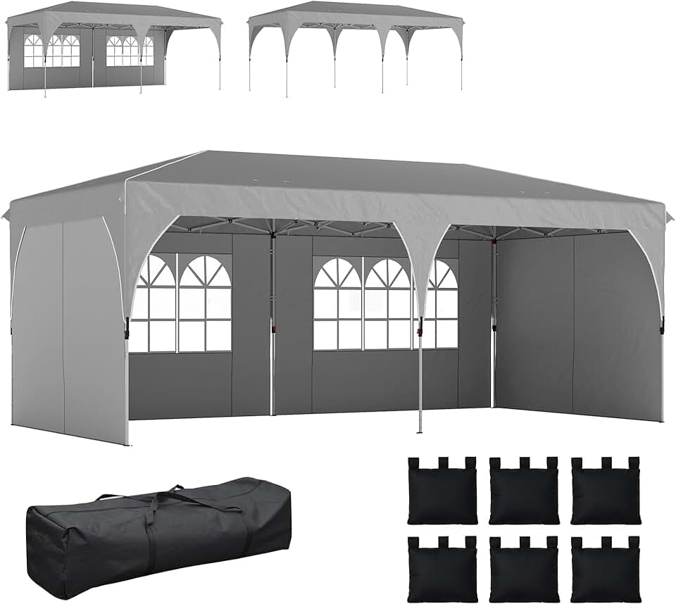 jardinito - Tonnelle Pop Up 3x6m, imperméable, réglable, UV50+, sacs, gris