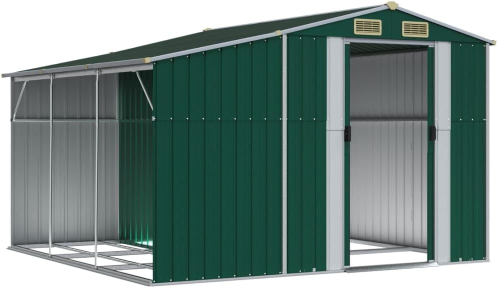 Abri de jardin acier galvanisé - toit incliné, trémie à charbon - 277x279x179 cm - rangement extérieur vert