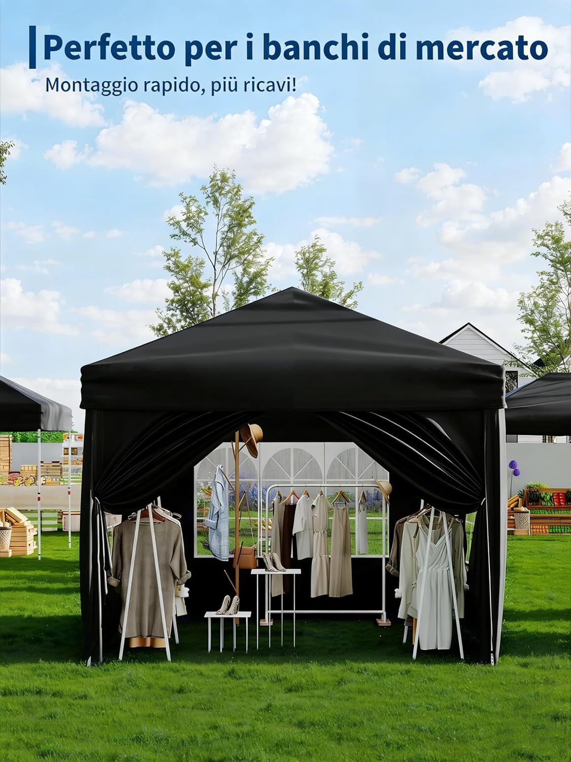 Gravee Tonnelle Pliante 3x3m Gris avec Parois Latérales, Imperméable et Anti-UV, Tente Pop-Up Robuste avec Sac de Transport pour Jardin (Noir, 3x3m)