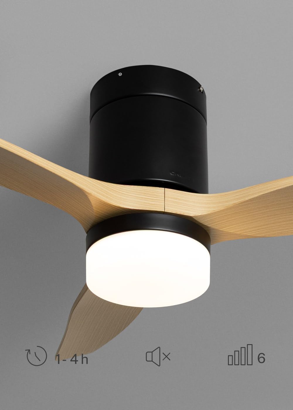 CREATE WINDCALM S Ventilateur de plafond ABS avec lumière noire, pales effet bois clair avec télécommande, 40 W, silencieux, Ø112 cm, 6 vitesses, 3 températures de lumière, minuterie, fonction été