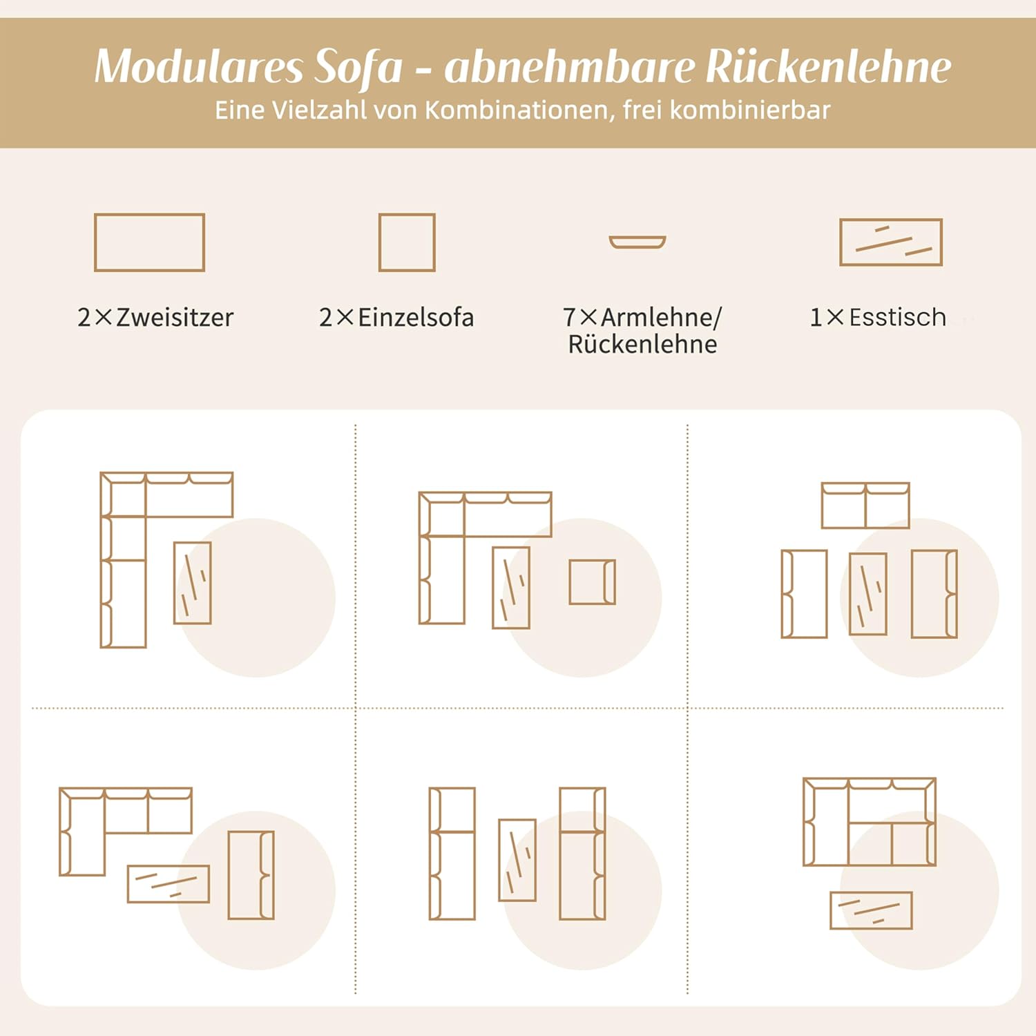 Salon de Jardin modulable 6 places, acier, coussins 14 cm, table verre, convertible