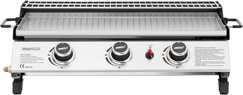 jardinito - Plancha gaz inox 3 brûleurs 61,5x32cm, 7,5kW, usage extérieur