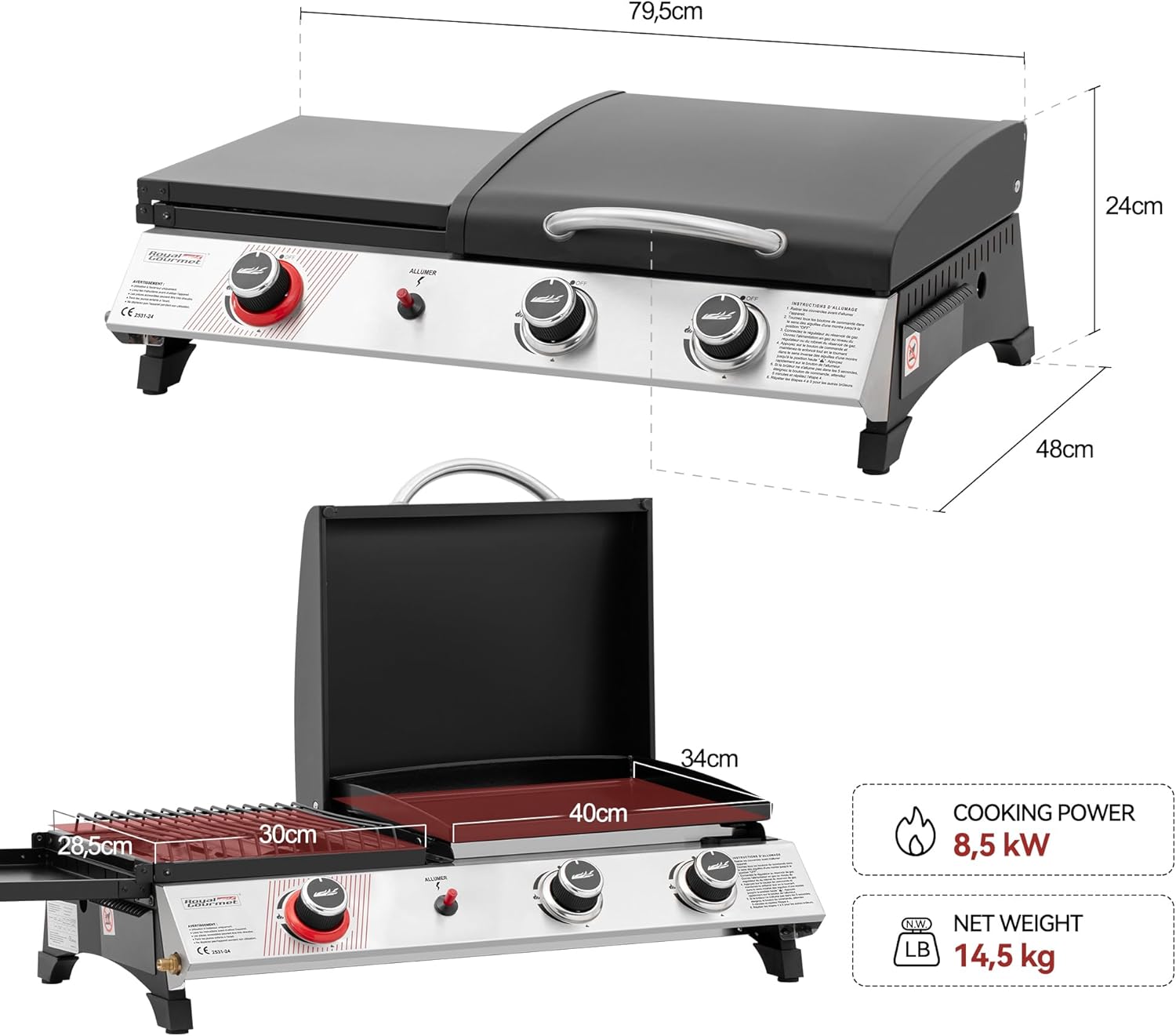 jardinito - barbecue gaz 3 brûleurs - 8,5kW - plancha, grille, couvercle multifonction