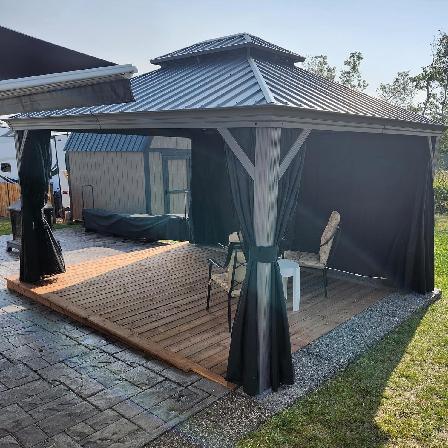 jardinito - tonnelle jardin double toit alu - 3,65x4,25m rideaux moustiquaire guirlande solaire