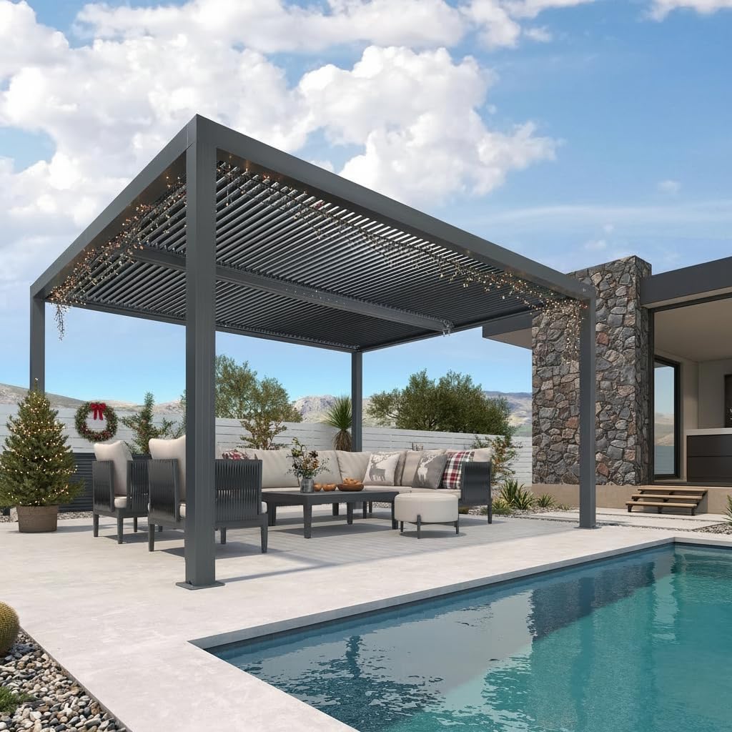 jardinito - Pergola Bioclimatique - 4,24 x 3,3 m - Aluminium, lames orientables, commande indépendante, gris
