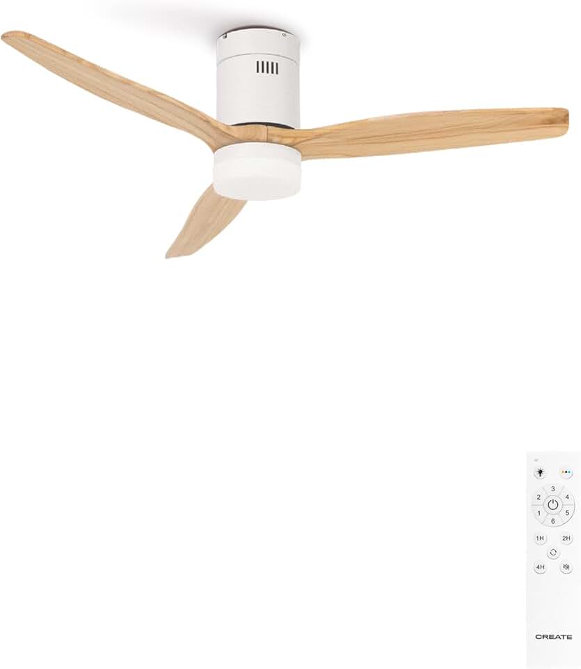 CREATE - Windcalm M - Ø132cm - Ventilateur plafond LED, télécommande, 6 vitesses, été-hiver, blanc bois clair - WINDCALM