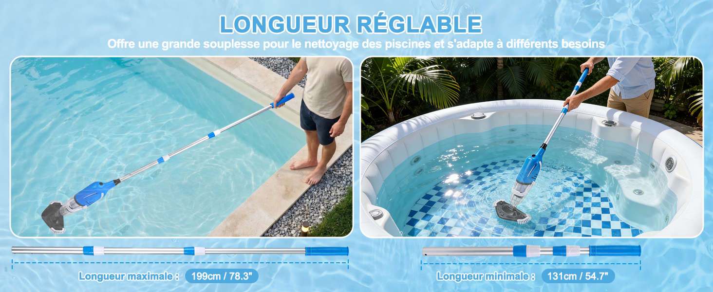Le texte indique « GRANDE SURFACE ». Deux photographies montrant des surfaces de piscine ou d'eau avec des ouvertures circulaires ou des orifices visibles sur des fonds d'eau bleu sarcelle et bleu.